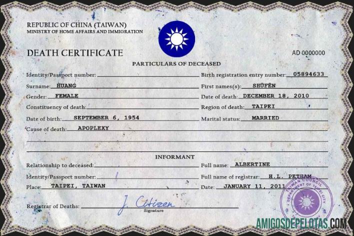 Em branco modelo PSD de certidão de óbito de Taiwan